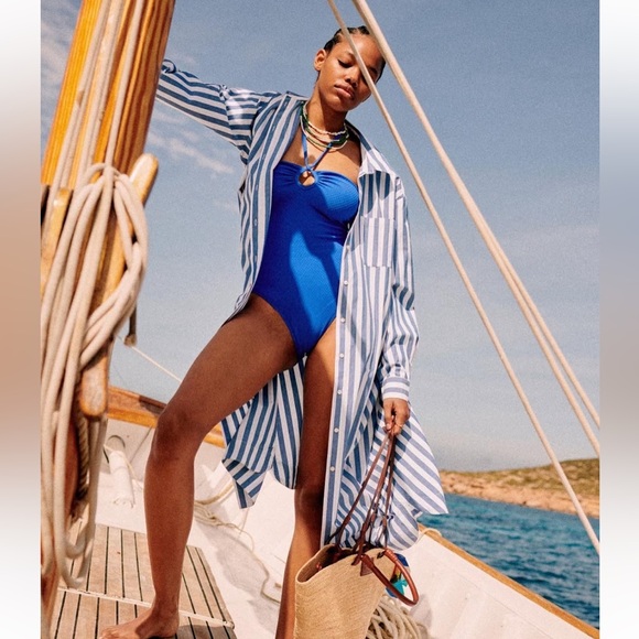 Sezane Maxine Shirt Dress Blue/White Stripe Sz Large Nautical Beachy - Picture 3 of 14